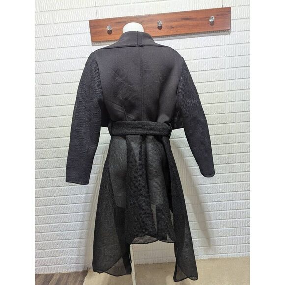 Caramel by Rosa & Rose Women's Black Solid Long-Sleeve Tie-Belt Net Trim Jacket - Picture 2 of 10